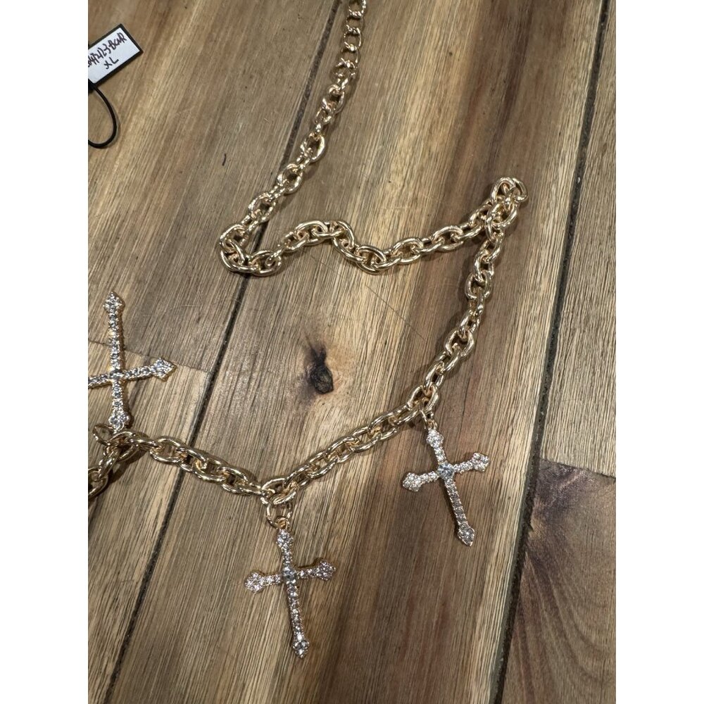 NOIR Belt Long Rope Link Chain CZ Cross Goldtone Adjustable XL Extra Large NEW - Picture 10 of 13